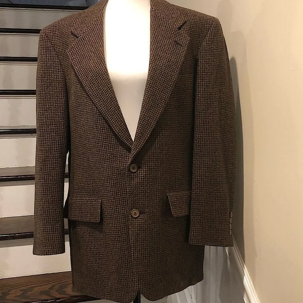 SAKS FIFTH AVENUE Men’s Houndstooth Camel Hair Brown and Black Blazer Sz 44R